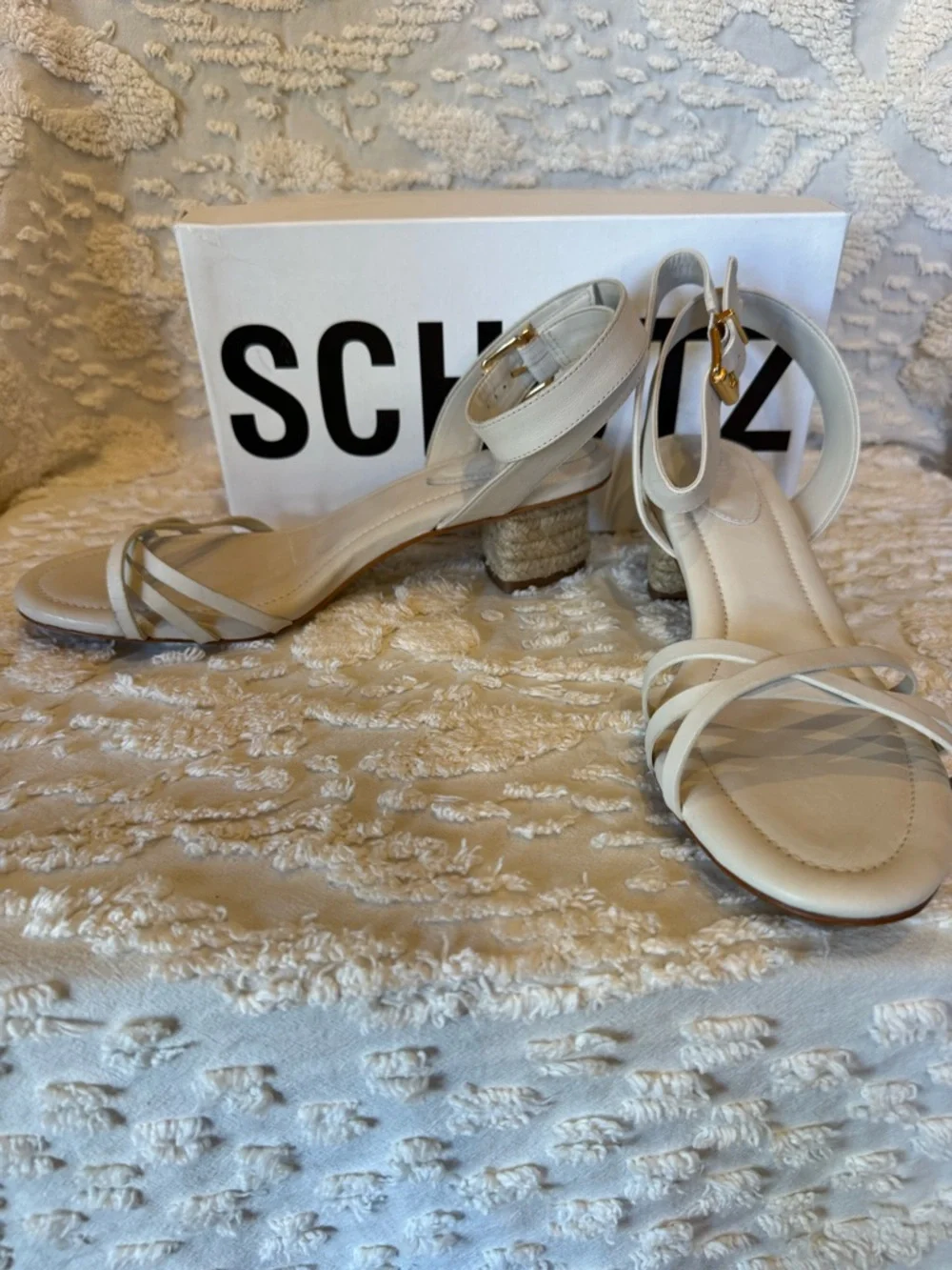 SCHUTZ Cream Strappy Ankle‑Wrap Sandals with Gold Buckle#610